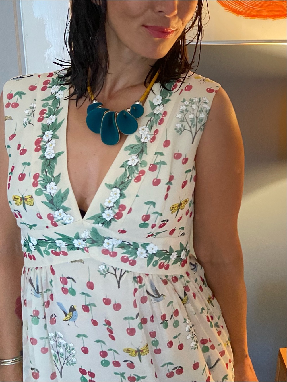 Anna Sui for Anthropologie: Cream Cherry-Print V-Neck Women's Dress